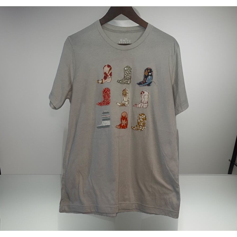 Cowboy boots White Stitch Embroidered T-shirt Grey Large Western Basic